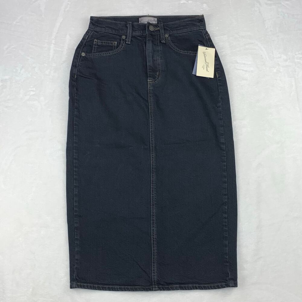 NWT Universal Thread Denim Midi Skirt 00 High Rise Dark Wash 25" Waist Back Slit